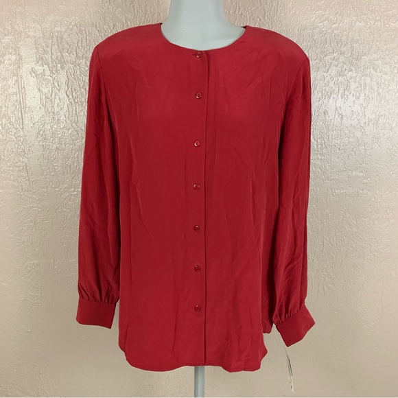 NEW Liz Claiborne Red 100% Silk Button Down Shirt - Picture 1 of 13